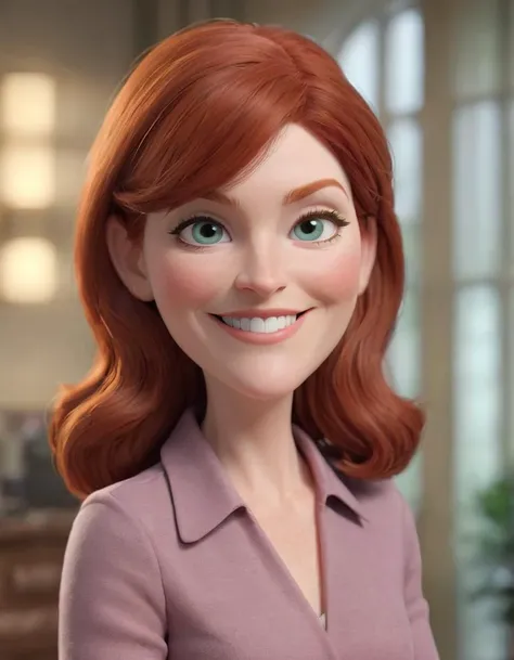 3D character.(Kate Flannery as Meredith Palmer:1.6), 59 years old, (caricature:0.2). bokeh, professional, 4k, highly detailed <lora:SamaritanEsdxl:0.45> (Pixar Render, CGI Animation, Disney:1.2) cute big circular reflective eyes, office, dof, (cinematic film), (mischievous grin, smile:1.5)
