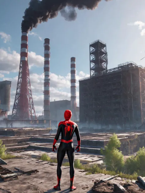 Across the spyderverse animation style, spiderman Miles Morales at the Cernobyl power station, post-apocalyptic, The last of us, tentacles out of the ground, spyder pose, brutalist, beautiful, masterpiece, High Fidelity 3D, Photorealism, hyperrealism <lora:k3nk3lly:0.3>