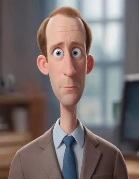 3D character.(Paul Lieberstein as Toby Flenderson:1.6), (caricature:0.2). bokeh, professional, 4k, highly detailed <lora:SamaritanEsdxl:0.45> (Pixar Render, CGI Animation, Disney:1.2) cute big circular reflective eyes, office, dof, (cinematic film), (resigned expression:1.5)