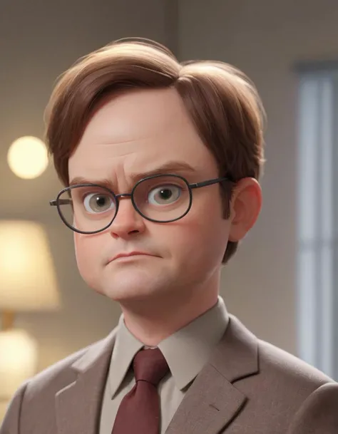 3D character.(Rainn Wilson as Dwight Schrute:1.6), (caricature:0.2). bokeh, professional, 4k, highly detailed <lora:SamaritanEsdxl:0.45> (Pixar Render, CGI Animation, Disney:1.2) cute big circular reflective eyes, office, dof, (cinematic film), the office, dof, (cinematic film),, (intensely determined with a dash of eccentricity:1.2)