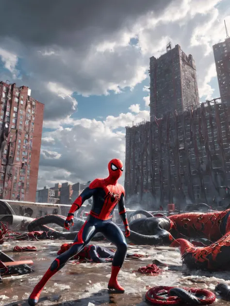 Across the spyderverse animation style, 
spiderman fights Carnage, two character fight, spyderweb, Miles Morales at the Cernobyl power station,fight, Carnage from Marvel, Carnage's red tentacles protruding from his entire body,(cataclysmic, white eyes like venom, gargantuan, taller than buildings, oversized, gigantic:1.9), best quality, fantasy style
(intricate details), (hyperdetailed), 8k hdr, high detailed, lot of details, high quality, soft cinematic light, dramatic atmosphere, atmospheric perspective
 post-apocalyptic, The last of us, spyder pose, brutalist, beautiful, masterpiece, High Fidelity 3D, Photorealism, hyperrealism <lora:k3nk3lly:0.3>