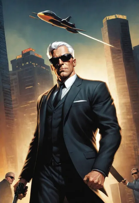 Full body illustration for comic book cover by Bruce Timm. tough and heroic 35 year old man white hair. in black suit and tie, hat and sunglasses, with black horn coat and a futuristic weapon, full body with harsh features Captured in motion with motion blur, in a heroic pose. leader of a team, ((hero pose)),