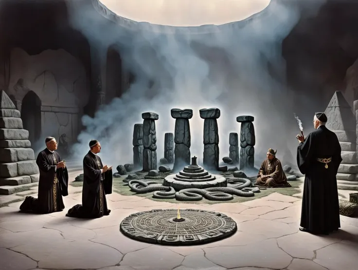 Priests reinacting a ritual, praying, smoke, stonehenge, tentacles on the floor, dramatic lighting, high contrast, Autochrome, highly detailed background, flying inverted pyramids with intricate details etched and glowing top in the distance<lora:k3nk3lly:0.82>