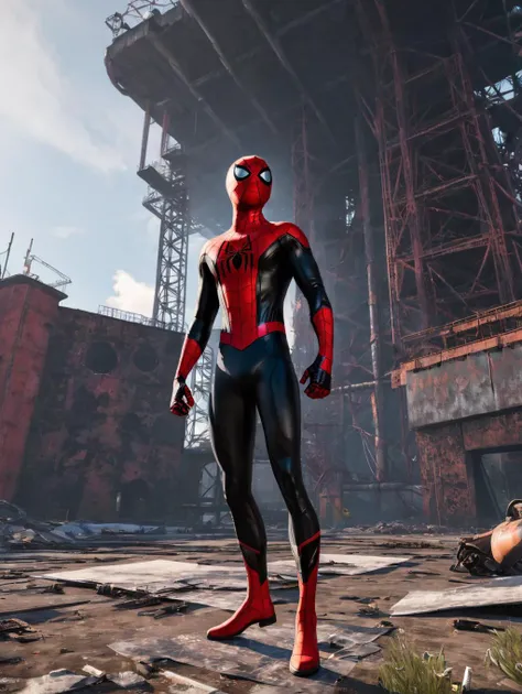 Across the spyderverse animation style, spiderman Miles Morales at the Cernobyl power station, post-apocalyptic, The last of us, tentacles out of the ground, spyder pose, brutalist, beautiful, masterpiece, High Fidelity 3D, Photorealism, hyperrealism <lora:k3nk3lly:0.3>