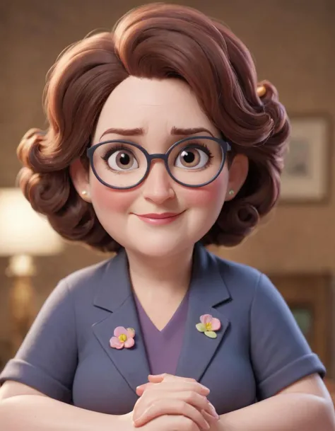 3D character.(Phyllis Smith as Phyllis Vance:1.6), 54 years old, (caricature:0.2). bokeh, professional, 4k, highly detailed <lora:SamaritanEsdxl:0.45> (Pixar Render, CGI Animation, Disney:1.2) cute big circular reflective eyes, office, dof, (cinematic film), (warm smile:1.2) (chubby:1.2)