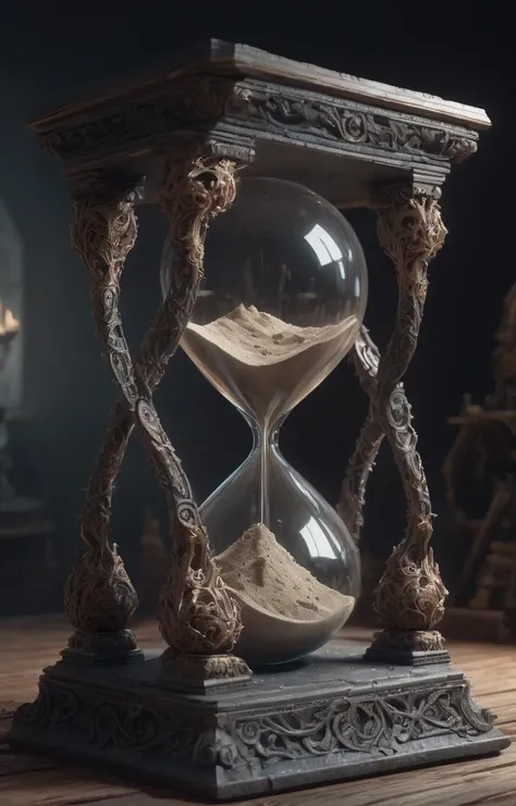 (dark magic), (grim), sandglass, (intricate details), (hyperdetailed), 8k hdr, high detailed, lot of details, high quality, soft cinematic light, dramatic atmosphere, atmospheric perspective