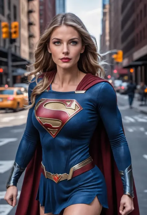 RAW photo, supergirl standing on the streets of New York, muscular, highly detailed, 8k hdr, high quality, soft cinematic light, dramatic perspective
