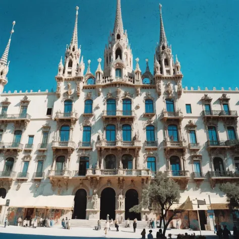 the grand palace of gaud, located in barcelona, spain, in the style of ernst wilhelm nay, whimsical themes, beige and azure, patterned scagliola surfaces, cottagecore, puzzle-like pieces, glossy finish