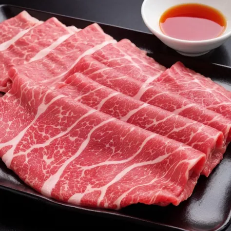 An enticing stack of premium Japanese Wagyu beef slices, meticulously arranged for hot pot, bathed in a focused ambient light that accentuates the meat's surface. This light should make the intricate patterns of fat within the Wagyu shimmer, emphasizing its luxury and enhancing its realism. The Wagyu's signature marbling should glisten under the light, reflecting its rich oil content. The color of the beef should be a deep, vibrant pinkish-red, with heightened saturation and contrast to make it pop. The plate, elegant and understated, should serve as a foundation for the towering Wagyu slices. The photograph's quality should be of high resolution, capturing the depth and height of the stacked Wagyu slices, emphasizing their volume and abundance,<lora:jpbeef:0.45>