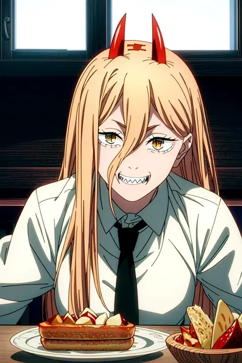 masterpiece, (highly detailed, fine details), best quality, 1girl, horns, solo, teeth, sharp teeth, smile, cross-shaped pupils, long hair, yellow eyes, ((blonde hair)), red horns, jacket, close-up, portrait, (complex detailed background, inside, kitchen environment, room, table, food, window, sunny), (((cross-shaped pupils, symbol-shaped pupils))), white shirt, pants, collared shirt, black necktie, blue jacket, PowerScreencap, csm anime style, <lora:PowerScreencap:0.8>, <lora:csm_anime_style_offset:0.5>, <lora:DetailTweaker:0.5>