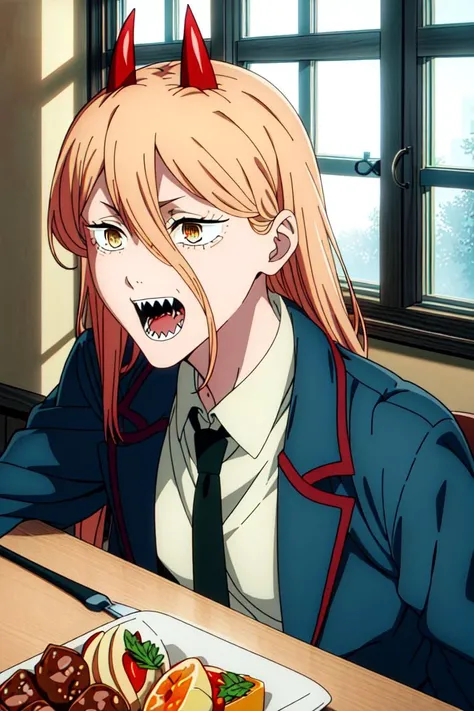 masterpiece, (highly detailed, fine details), best quality, 1girl, horns, solo, teeth, sharp teeth, open mouth, food in mouth, cross-shaped pupils, long hair, yellow eyes, ((blonde hair)), red horns,  jacket, close-up, portrait, (complex detailed background, inside, kitchen environment, room, table, food, window, sunny), (((cross-shaped pupils, symbol-shaped pupils))), white shirt, pants, collared shirt, black necktie, blue jacket, PowerScreencap,  csm anime style, <lora:PowerScreencap:0.8>,  <lora:csm_anime_style_offset:0.5>,  <lora:DetailTweaker:0.5>