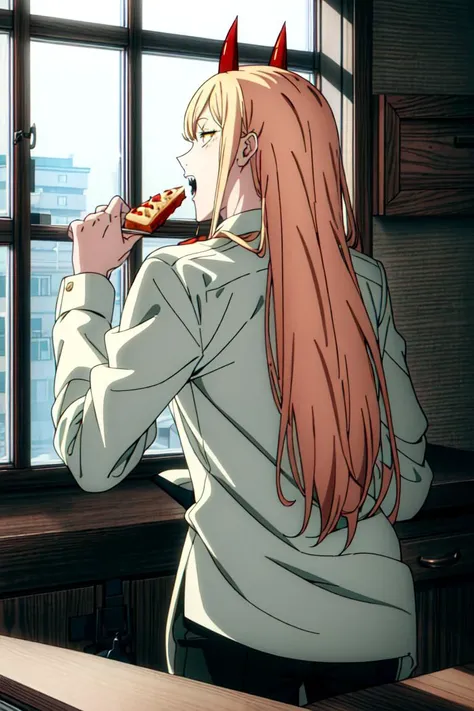 masterpiece, (highly detailed, fine details), best quality, 1girl, horns, solo, teeth, sharp teeth, open mouth, food in mouth, cross-shaped pupils, long hair, yellow eyes, ((blonde hair)), red horns,  jacket, (complex detailed background, inside, kitchen environment, room, table, food, window, sunny, cowboy shot, from behind), (((cross-shaped pupils, symbol-shaped pupils))), white shirt, pants, collared shirt, black necktie, blue jacket, PowerScreencap,  csm anime style, <lora:PowerScreencap:0.8>,  <lora:csm_anime_style_offset:0.5>,  <lora:DetailTweaker:0.5>
