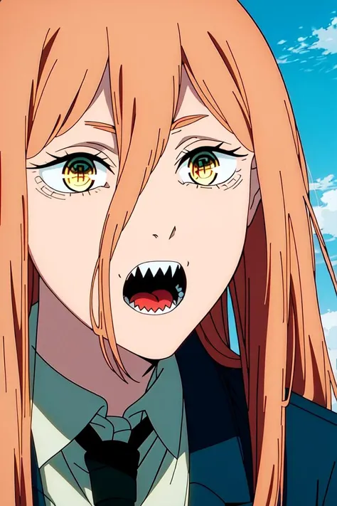 masterpiece, (highly detailed, fine details), best quality, 1girl, horns, solo, teeth, sharp teeth, sky, open mouth, cross-shaped pupils, long hair, blue sky, day, outdoors, yellow eyes, ((blonde hair)), red horns, jacket, close-up, portrait, (((cross-shaped pupils, symbol-shaped pupils))), white shirt, pants, collared shirt, black necktie, blue jacket, PowerScreencap, csm anime style, <lora:PowerScreencap:0.8>, <lora:csm_anime_style_offset:0.4>