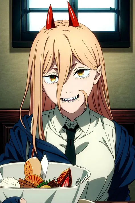 masterpiece, (highly detailed, fine details), best quality, 1girl, horns, solo, teeth, sharp teeth, smile, cross-shaped pupils, long hair, yellow eyes, ((blonde hair)), red horns, jacket, close-up, portrait, (complex detailed background, inside, kitchen environment, room, table, food, window, sunny), (((cross-shaped pupils, symbol-shaped pupils))), white shirt, pants, collared shirt, black necktie, blue jacket, PowerScreencap, csm anime style, <lora:PowerScreencap:0.8>, <lora:csm_anime_style_offset:0.5>, <lora:DetailTweaker:0.5>