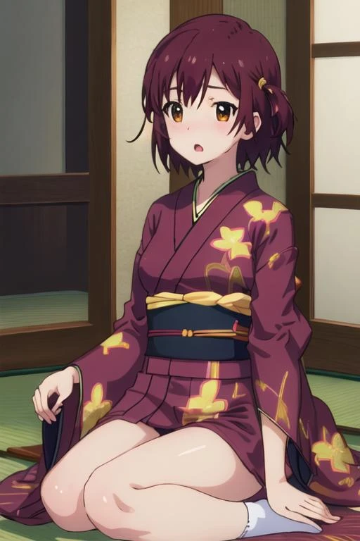 best quality, masterpiece, highres, solo, {ayaka_tachibana_imocho:1.15}, short_hair, brown_hair, brown_eyes, open_mouth, 1girl, japanese_clothes, kimono, anime_coloring, :o, blush, hanten_\(clothes\)