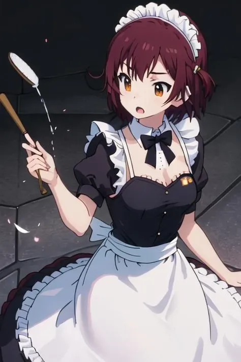 best quality, masterpiece, highres, solo, {maid:1.40}, {long maid dress:1.15}, {ayaka_tachibana_imocho:1.15}, short_hair, brown_hair, brown_eyes, open_mouth