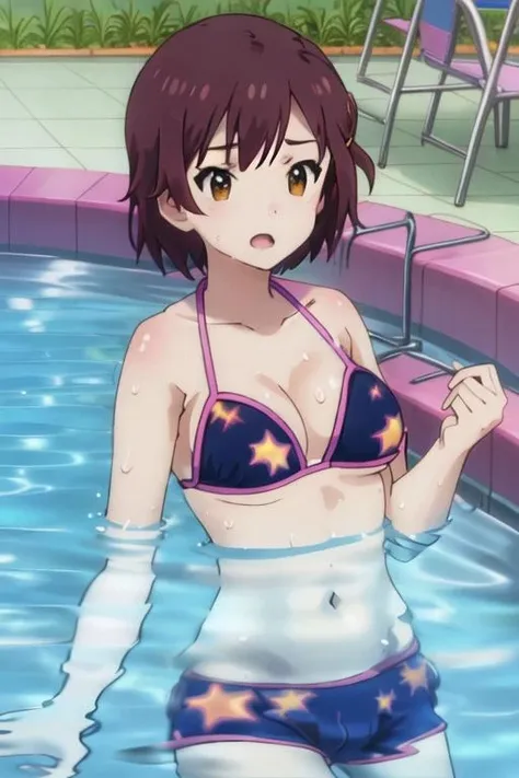 best quality, masterpiece, highres, solo, {ayaka_tachibana_imocho:1.15}, short_hair, brown_hair, brown_eyes, open_mouth, 1girl, bikini, pool, swimsuit, water, breasts, looking_at_viewer, partially_submerged