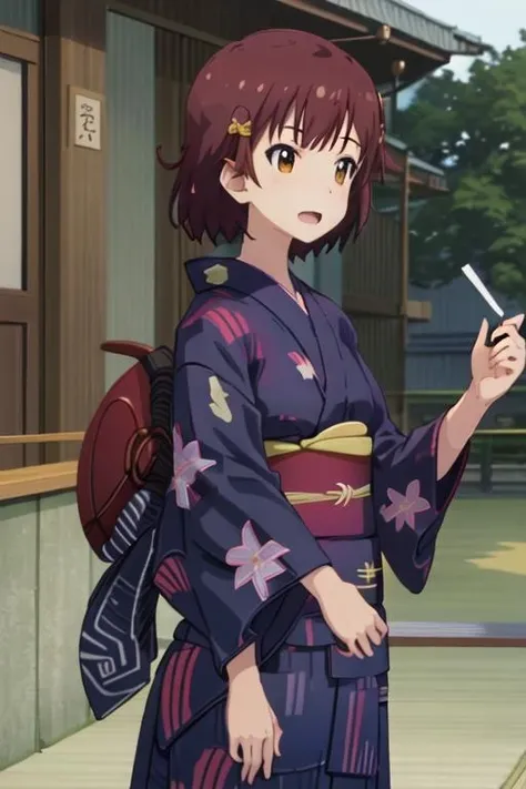 best quality, masterpiece, highres, solo, {yukata:1.40}, {kimono:1.20}, {ayaka_tachibana_imocho:1.15}, short_hair, brown_hair, brown_eyes, open_mouth