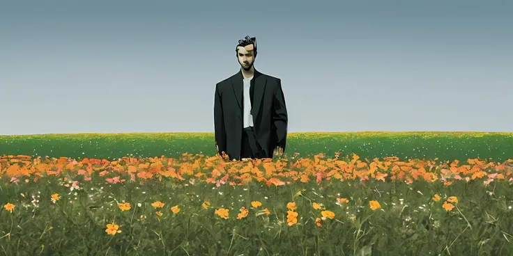 a man standing in a field with a synthesizer and flowers in front of him and a flower arrangement in the middle of the field,flames and flowersphotography,an album cover,purism,<lora:flameflower:1>,