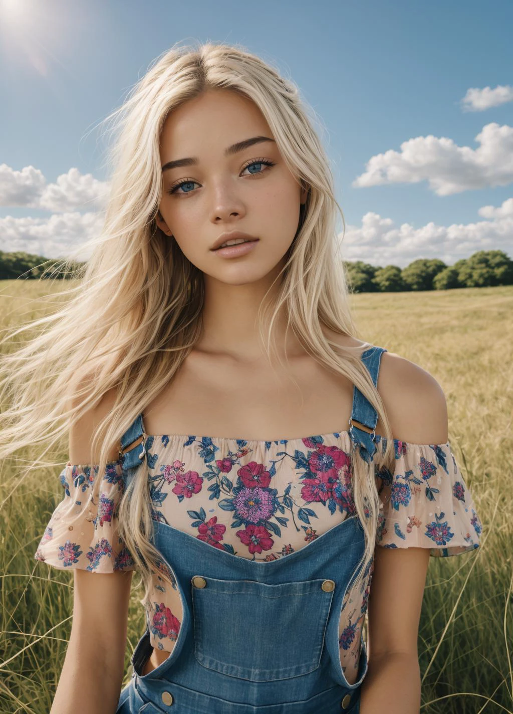 <lora:Olivia Dunne_0l1d7:1> 0l1d7, blonde hair,, 16mm, remarkable color, ultra realistic, analog photo, Beautiful super model, highly detailed face, seducing eyes, wearing overalls, cropped off-shoulder tank top, in a field of grass. Bright sunny day. bokeh, professional, 4k, highly detailed dynamic lighting, photorealistic, intricate details, key visual, vivid colors