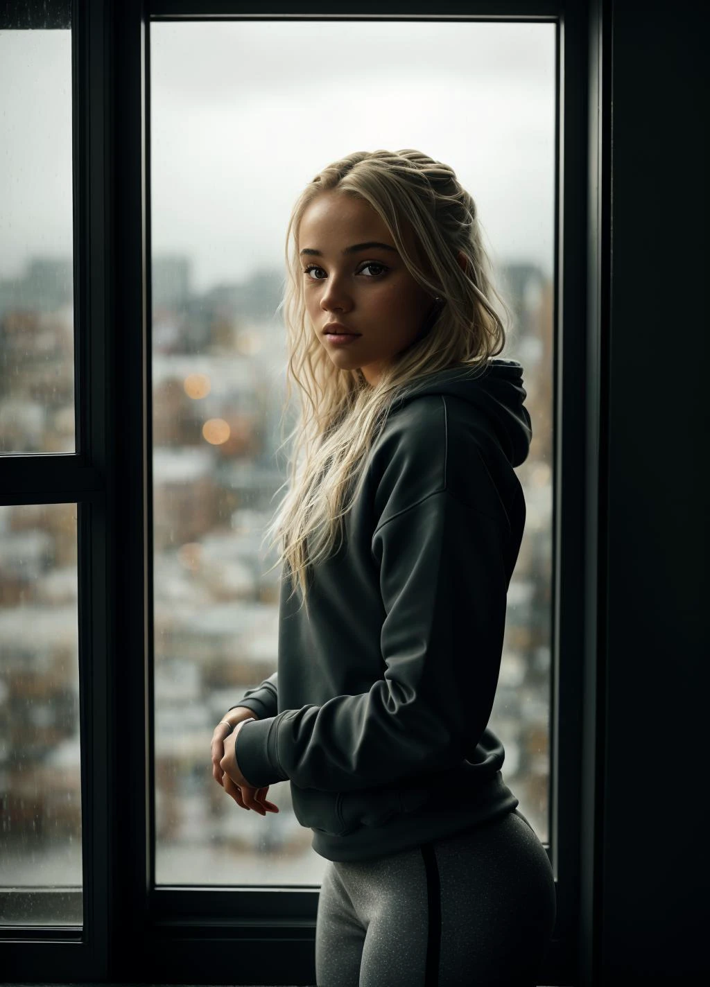 <lora:Olivia Dunne_0l1d7:1> 0l1d7, blonde hair,, (((masterpiece))),(((best quality))),highly detailed, (1girl), standing in front of a window, wearing yoga pants and sweatshirt, raining outside, detailed water, city lights reflecting off the window, dusk, dynamic lighting, shadows, kodak film, high budget, bokeh, moody, epic, gorgeous, film