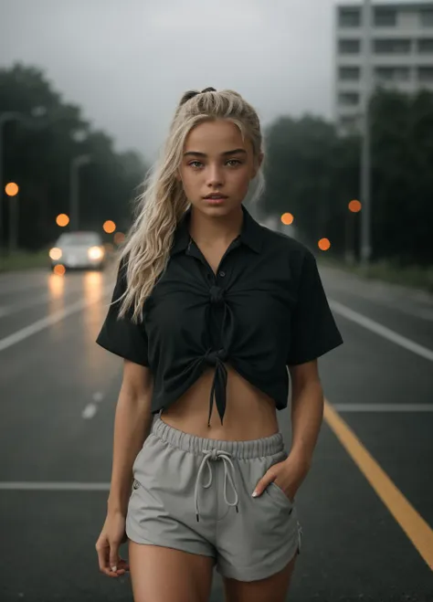 <lora:Olivia Dunne_0l1d7:1> 0l1d7,  blonde hair,, 1girl, wearing black runners shorts and a (loose fitting tied cropped shirt:1.2). perky breasts, Hair is tied back. Walking on running track. Cloudy day, drizzling rain, fog, street lights flickering, 35mm photograph, film, bokeh, professional, 4k, highly detailed dynamic lighting, photorealistic, 8k, raw, rich, intricate details, key visual, vivid colors, upper body photo