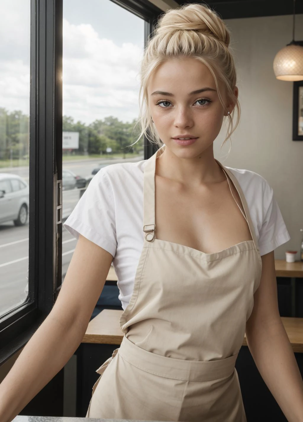 <lora:Olivia Dunne_0l1d7:1> 0l1d7, blonde hair,, waitress serving food in a small diner, loose shirt, apron, beautiful expressive eyes, detailed eyes, hair in a messy bun, happy, dynamic lighting, photorealistic, 8k uhd natural lighting, raw, rich, intricate details, key visual, atmospheric lighting, 35mm photograph, bokeh, professional, 4k, highly detailed