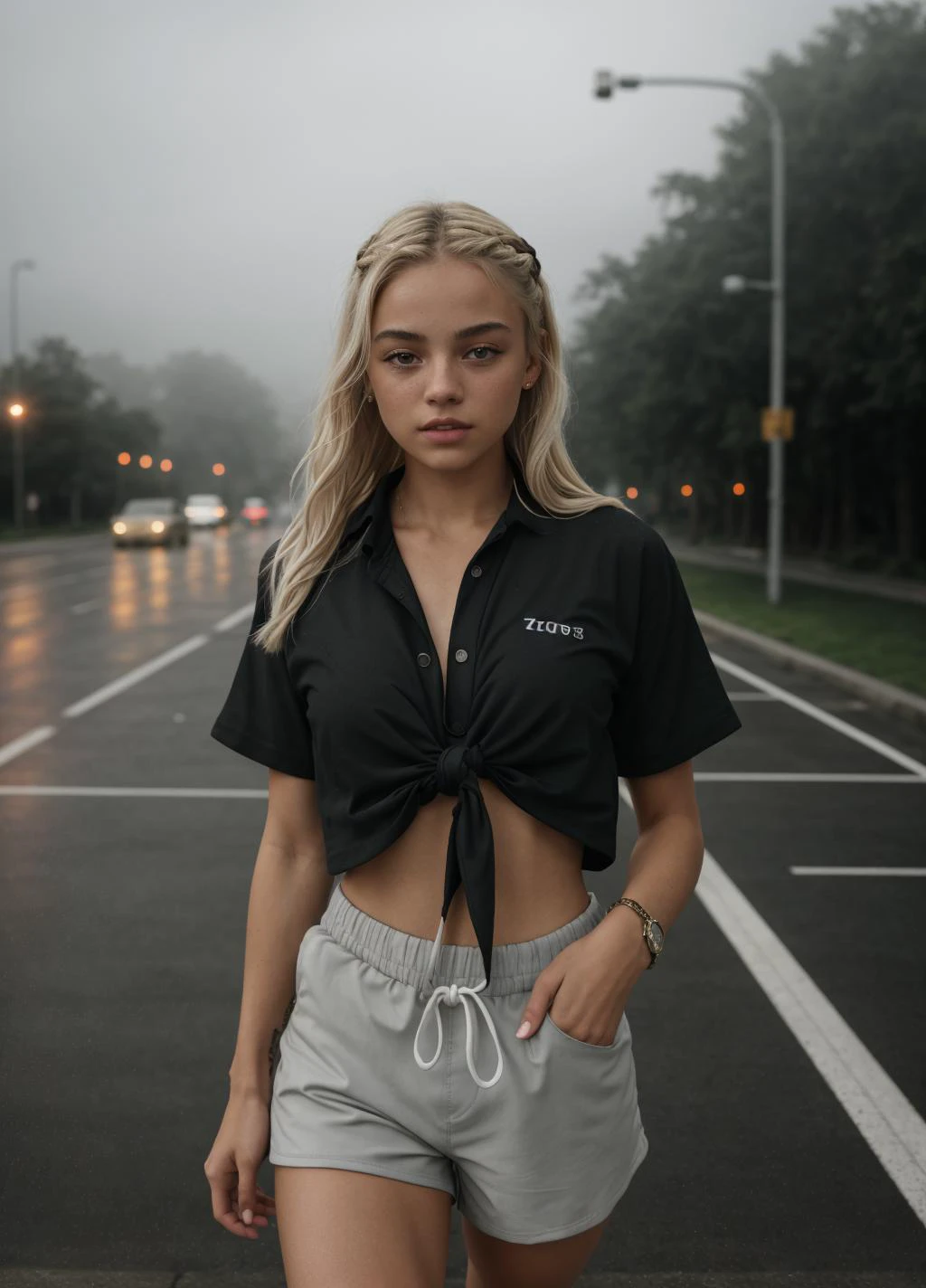 <lora:Olivia Dunne_0l1d7:1> 0l1d7, blonde hair,, 1girl, wearing black runners shorts and a (loose fitting tied cropped shirt:1.2). perky breasts, Hair is tied back. Walking on running track. Cloudy day, drizzling rain, fog, street lights flickering, 35mm photograph, film, bokeh, professional, 4k, highly detailed dynamic lighting, photorealistic, 8k, raw, rich, intricate details, key visual, vivid colors, upper body photo