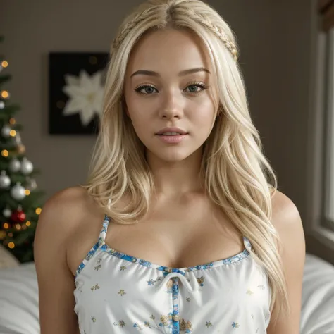 <lora:Olivia Dunne_0l1d7:1> 0l1d7, blonde hair,, beautiful girl wearing flannel pajamas, depth of field bokeh, bedroom, (masterpiece) (best quality) (detailed) (8k) (wallpaper) (cinematic lighting) (sharp focus) (intricate), sensual, erotic, nudity, perfect, portrait , hyper detailed, amazing background, highly defined details 32k UHD, lifelike photo,