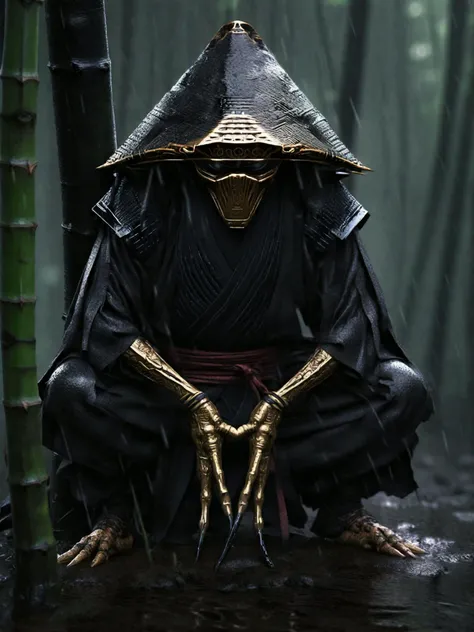 an alien god as a ninja crouching in a rainy bamboo forest, realistic <lora:sdxl:.8>