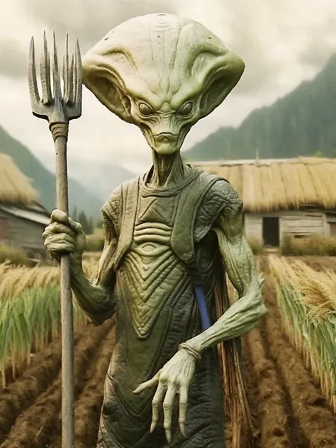 an alien god as a farmer in a small farming village holding a pitchfork, crops in the background, realistic <lora:sdxl:.8>