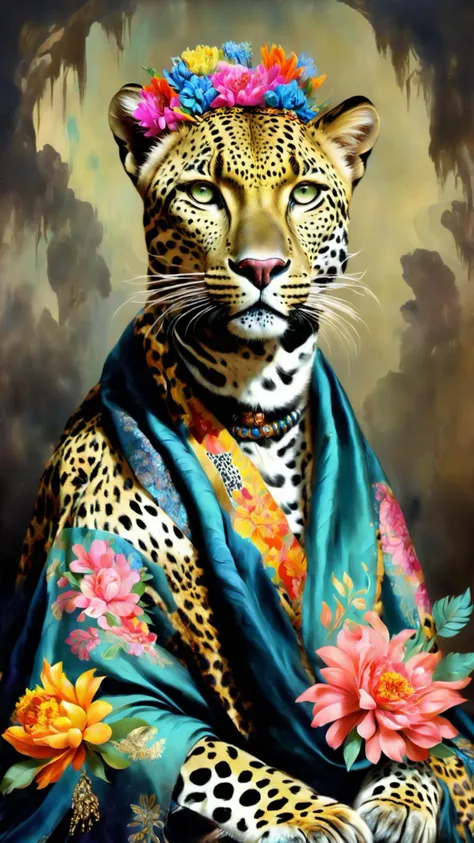 alien god, vintage oil painting of a royal leopard portrait, with flowers on its head wrapped in silk, vivid colors, moody, dark background, the leopard wearing a floral pattern shawl, full body portrait of the royal leopard in the style of an oil painting<lora:Alien_God_V3:1><lora:Alien_God_V3:1>