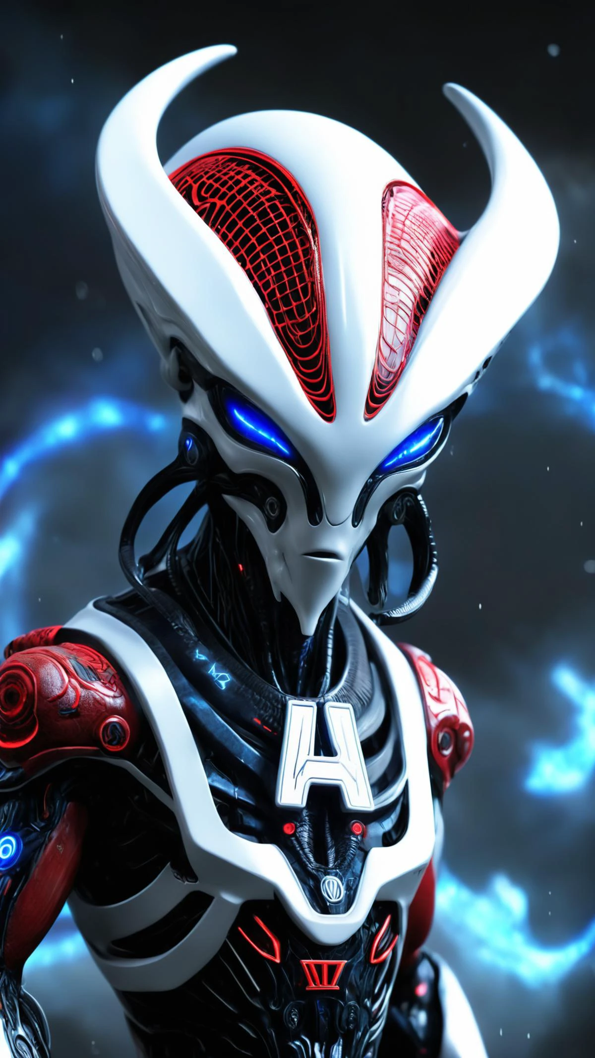 alien god, letter "Ai", AI Network, technological, unreal engine, white black red blue<lora:Alien_God_V3:1><lora:Alien_God_V3:1>