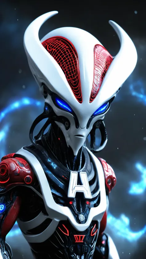 alien god, letter "Ai", AI Network, technological, unreal engine, white black red blue<lora:Alien_God_V3:1><lora:Alien_God_V3:1>