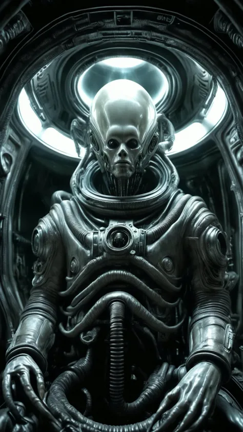 alien god, h.r. giger style soviet cosmonaut inside soviet era 1960s space capsule, Cinematic, dramatic lighting, global illumination, Super detailed, hyper realistic, dark lighting, shading, 8k, low light <lora:Alien_God_V3:1><lora:Alien_God_V3:1>