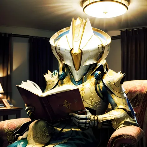 hdr, alien_god, reading a book in a living room, looking at camera, <lora:alien_god:1>