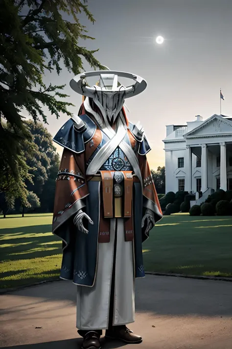 hdr, alien_god, wearing ceremonial robes, standing, in front of the white house, brilliant light, twilight sky, colorful ambiance, relaxed shading, <lora:alien_god:1>, natural lighting,