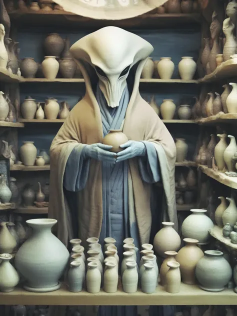 an alien god as a store owner in a small rustic shop selling ceramic pots and wearing simple robes, shelves full of cermics in the background, realistic <lora:sdxl:.8>