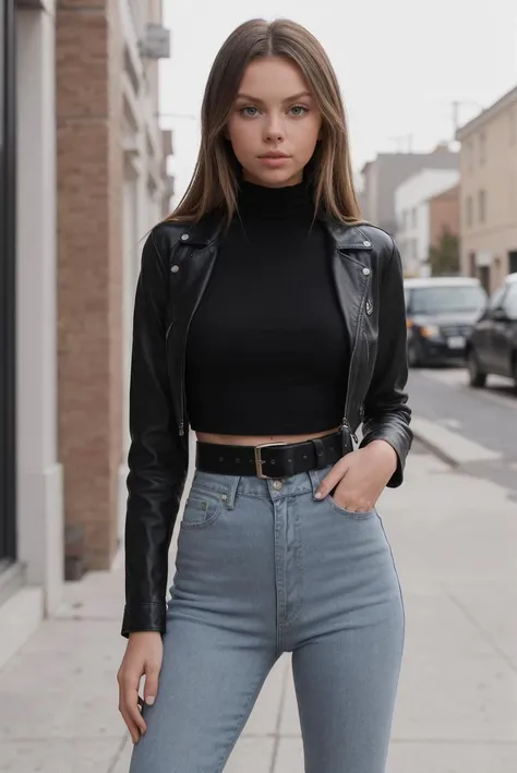 photo of a 0ER0_Alyssa_Kulani, <lora:epi_noiseoffset2:0.8>, bokeh, (High-waisted skinny jeans with a cropped leather jacket, turtleneck undershirt, accessorized with a statement belt, and sleek ankle boots:1.2), RAW photo, 8k UHD, soft lighting, high quality, film grain, Fujifilm XT3, 16mm, color graded portra 400 film, remarkable color, remarkable detailed pupils