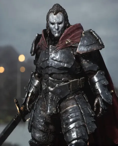 bleakfaith,a living statue in a cape and in armor with mask,holding a weapon,science fiction,highly detailed, sharp definition ,cinematic,50nm dof,bokeh,realistic,sharp focus,ultra detailed,128k uhd,awardwinning,trending on artstation, <lora:bleakfaith-000004:1>, <lora:add-detail-xl:2>