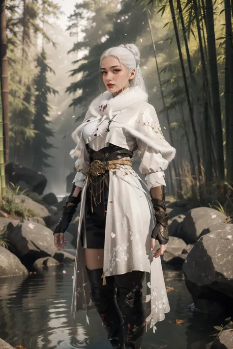 YJWJguqinghanHYSX, 1girl, solo, upper body,( (wading, wet, see-through:1.1):1.2), a beautiful chinese girl, Round face shape, Trust, looking down, makeup,red lips, blue eyes, white hair, long hair, hair bun, Voluptuous, large breasts, (white capelet, capelet, fur trim, tassel, armor, gloves, black gloves, fingerless gloves, belt, boots, thigh boots, jewelry), nice hands, perfect hands, high detail skin, real skin, skin texture, (water, waterdrop, rock, bamboo, bamboo forest, dappled sunlight, falling petals, petals on liquid:1.2), (masterpiece, top quality, best quality, official art, beautiful and aesthetic:1.2), extreme detailed, epic cinematic, soft nature lights, rim light, absurd, amazing, hyper detailed, ultra realistic, soft colors, <lora:YJWJguqinghanHYSX:0.75> <lora:anxiang:0.35> <lora:GoodHands-beta2:1>