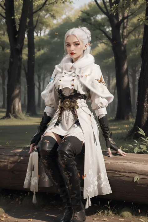 YJWJguqinghanHYSX, 1girl, solo, upper body,( sitting:1.2), a beautiful chinese girl, Long face shape, Curiosity, looking at viewer, makeup,red lips, blue eyes, white hair,  long hair, hair bun,  Petite, large breasts, (white capelet, capelet, fur trim, tassel, armor, gloves, black gloves, fingerless gloves, belt, boots, thigh boots, jewelry), nice hands, perfect hands, high detail skin, real skin, skin texture, (spring \(season\), Enchanted Forest, log, dappled sunlight, sun glare, falling leaves, (bird, butterfly:1.2):1.2), (masterpiece, top quality, best quality, official art, beautiful and aesthetic:1.2), extreme detailed, epic cinematic, soft nature lights, rim light, absurd, amazing, hyper detailed, ultra realistic, soft colors, <lora:YJWJguqinghanHYSX:0.75> <lora:anxiang:0.35> <lora:GoodHands-beta2:1>