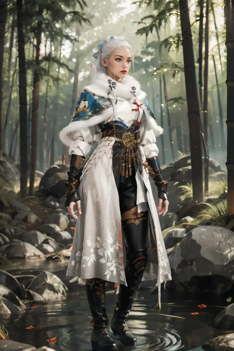 YJWJguqinghanHYSX, 1girl, solo, upper body,( sitting sideways:1.2), a beautiful chinese girl, Long face shape, Fear, closed eyes, makeup,red lips, blue eyes, white hair, long hair, hair bun, Tall, large breasts, (white capelet, capelet, fur trim, tassel, armor, gloves, black gloves, fingerless gloves, belt, boots, thigh boots, jewelry), nice hands, perfect hands, high detail skin, real skin, skin texture, (spring \(season\), Enchanted Forest, log, dappled sunlight, sun glare, falling leaves, (bird, butterfly:1.2):1.2), (masterpiece, top quality, best quality, official art, beautiful and aesthetic:1.2), extreme detailed, epic cinematic, soft nature lights, rim light, absurd, amazing, hyper detailed, ultra realistic, soft colors, <lora:YJWJguqinghanHYSX:0.75> <lora:anxiang:0.35> <lora:GoodHands-beta2:1>