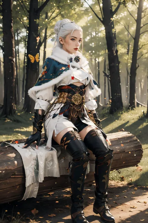 YJWJguqinghanHYSX, 1girl, solo, cowboy shot,( sitting sideways:1.2), a beautiful chinese girl, Round face shape, Nervousness, looking down, makeup,red lips, blue eyes, white hair, long hair, hair bun, Petite, (big breasts:1.2), (white capelet, capelet, fur trim, tassel, armor, gloves, black gloves, fingerless gloves, belt, boots, thigh boots, jewelry), nice hands, perfect hands, high detail skin, real skin, skin texture, (spring \(season\), Enchanted Forest, log, dappled sunlight, sun glare, falling leaves, (bird, butterfly:1.2):1.2), (masterpiece, top quality, best quality, official art, beautiful and aesthetic:1.2), extreme detailed, epic cinematic, soft nature lights, rim light, absurd, amazing, hyper detailed, ultra realistic, soft colors, <lora:YJWJguqinghanHYSX:0.75> <lora:anxiang:0.35> <lora:GoodHands-beta2:1>