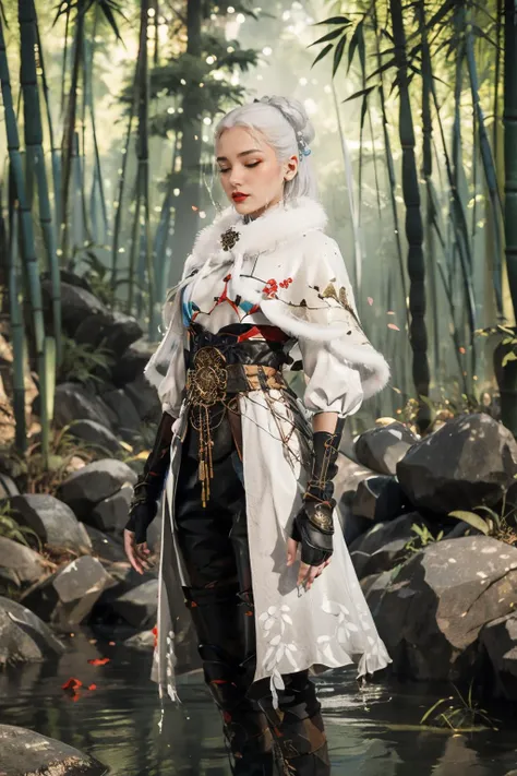 YJWJguqinghanHYSX, 1girl, solo, cowboy shot,( wading, wet, see-through:1.2), a beautiful chinese girl, Round face shape, Guilt, closed eyes, makeup,red lips, blue eyes, white hair, long hair, hair bun, Fit, (small breasts:0.9), (white capelet, capelet, fur trim, tassel, armor, gloves, black gloves, fingerless gloves, belt, boots, thigh boots, jewelry), nice hands, perfect hands, high detail skin, real skin, skin texture, (water, waterdrop, rock, bamboo, bamboo forest, dappled sunlight, falling petals, petals on liquid:1.2), <lora:YJWJguqinghanHYSX:0.75> <lora:anxiang:0.35> <lora:GoodHands-beta2:1>