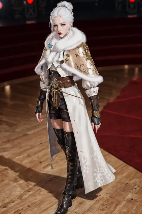 highres,absurdres,masterpiece,best quality,original,extremely detailed CG,extremely detailed wallpaper,perfect lighting,(standing on the stage),looking at viewer,1girl,blurry background,bare hands,from above,
<lora:YJWJguqinghanHYSX:0.6>,YJWJguqinghanHYSX,boots,gloves,white hair,blue eyes,fur trim,fingerless gloves,tassel,belt,capelet,long hair,black gloves,armor,white capelet,makeup,red lips,jewelry,thigh boots,hair bun,mature female,