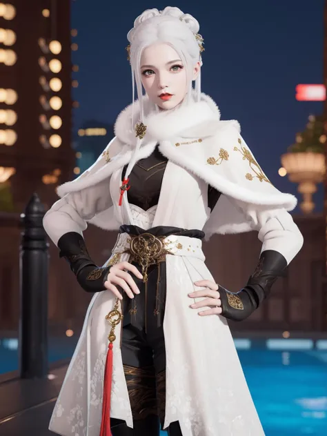 YJWJguqinghanHYSX, 1girl, solo, boots, gloves, white hair, blue eyes, fur trim, fingerless gloves, tassel, belt, capelet, long hair, black gloves, armor, white capelet,makeup,red lips, jewelry, thigh boots, hair bun, <lora:YJWJguqinghanHYSX:0.75>,cityscape, night,mature female, pool, looking at viewer,