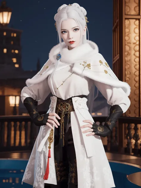 YJWJguqinghanHYSX, 1girl, solo, boots, gloves, white hair, blue eyes, fur trim, fingerless gloves, tassel, belt, capelet, long hair, black gloves, armor, white capelet,makeup,red lips, jewelry, thigh boots, hair bun, <lora:YJWJguqinghanHYSX:0.75>,cityscape, night,mature female, pool, looking at viewer,