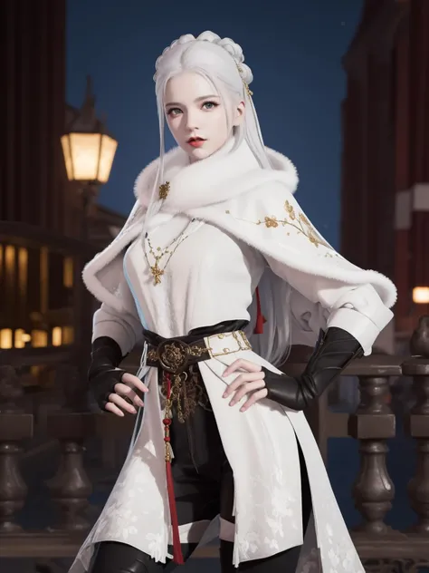 YJWJguqinghanHYSX, 1girl, solo, boots, gloves, white hair, blue eyes, fur trim, fingerless gloves, tassel, belt, capelet, long hair, black gloves, armor, white capelet,makeup,red lips, jewelry, thigh boots, hair bun, <lora:YJWJguqinghanHYSX:0.75>,cityscape, night,mature female, pool, looking at viewer,