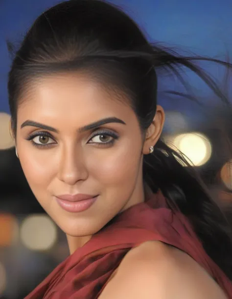 hires portrait photo of Asin woman, outdoors, realistic skin texture, smiling, looking looking at viewer, high collar dress, smiling, night time, beautiful bokeh <lora:Asin_SDXL_LoRA:1>